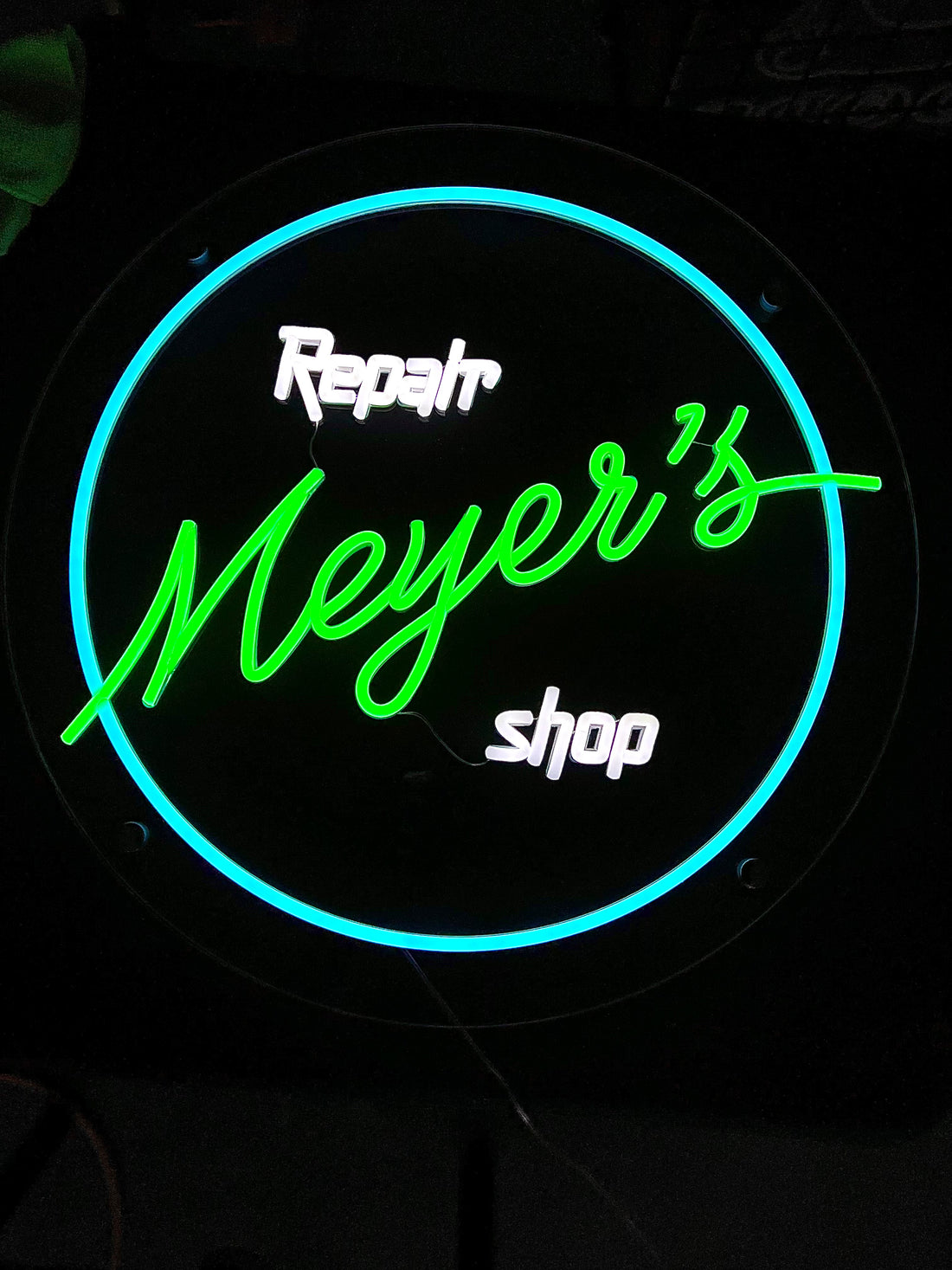 illuminated custom led neon sign made for business - Meyers repair shop.